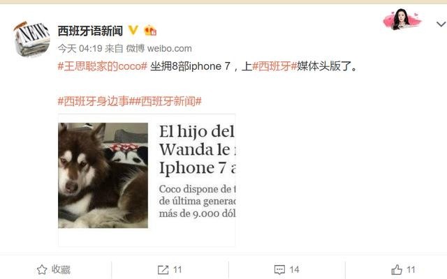 王思聪家的狗坐拥8部iphone 7 都上西班牙媒体头版了？