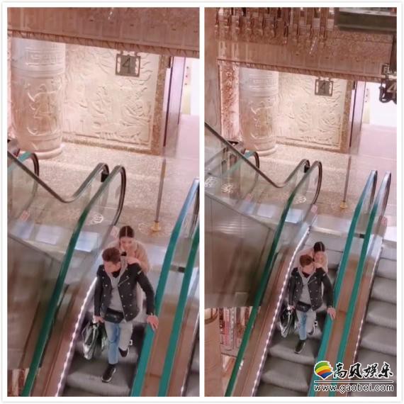 网友在某商场偶遇郭富城和方媛，两个人在下电梯的时候，方媛紧跟着老公