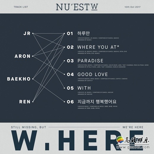 韩国男团NU'EST W 的全新专辑《W,HERE》全曲歌单正式公开