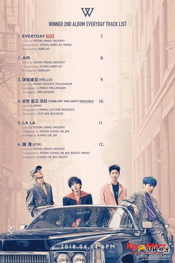 WINNER正规二辑《EVERYD4Y》歌单预告照 主打曲确定《EVERYDAY》