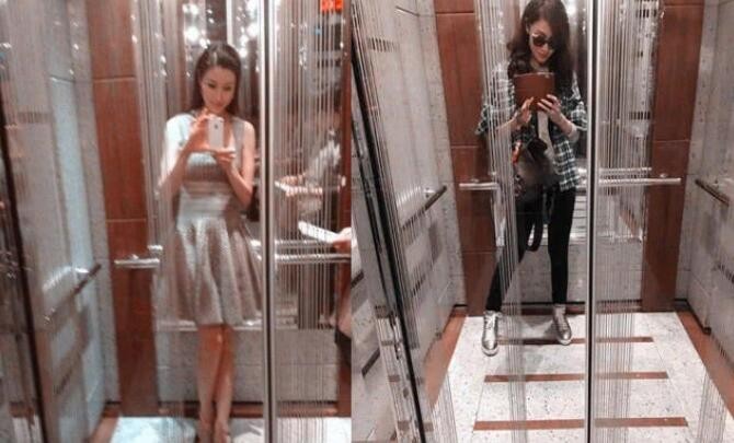 李嘉欣晒出电梯自拍照：身穿着超短印花短裙，脚踩平底鞋，知性优雅