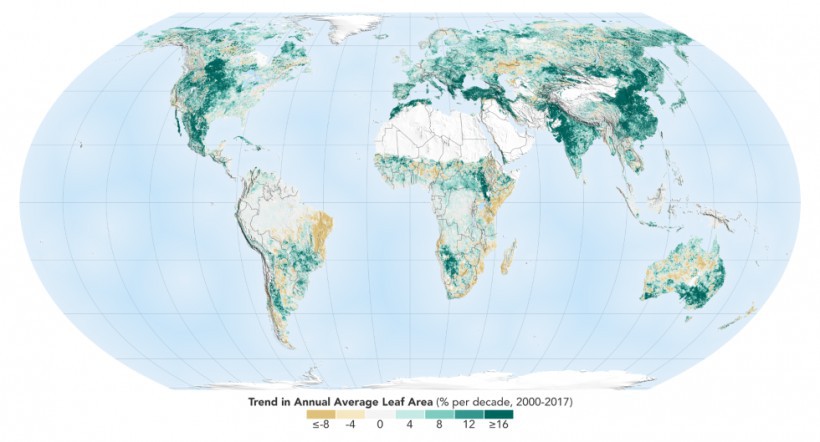 美国航空航天局(NASA)卫星数据分析结果表明：世界相比20年前变得更绿