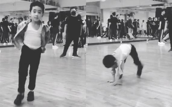 应采儿晒出与儿子Jasper陪陈小春演唱会排练视频：Jasper学习翻跟斗