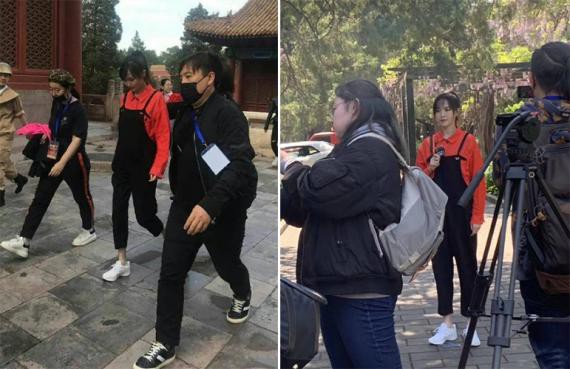 网友偶遇唐嫣现身某活动彩排现场：唐嫣身穿红色衬衫，外搭黑色背带裤