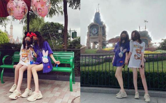李嫣与小闺蜜迪士尼乐园游玩分享美照：头戴米奇发饰与闺蜜穿同款闺蜜鞋