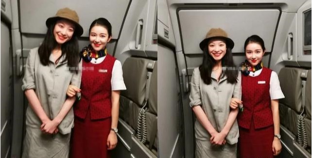 某空姐飞机上偶遇演员倪妮合影：巧合的是这位美女空姐竟和倪妮同名同姓