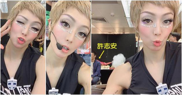 郑秀文红馆演唱会后台化妆期间玩自拍：拍到身后不远处许志安坐在椅子上