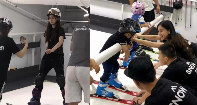 Angelababy(杨颖)带儿子 “小海绵”画面曝光：网友偶遇母子俩模拟滑雪