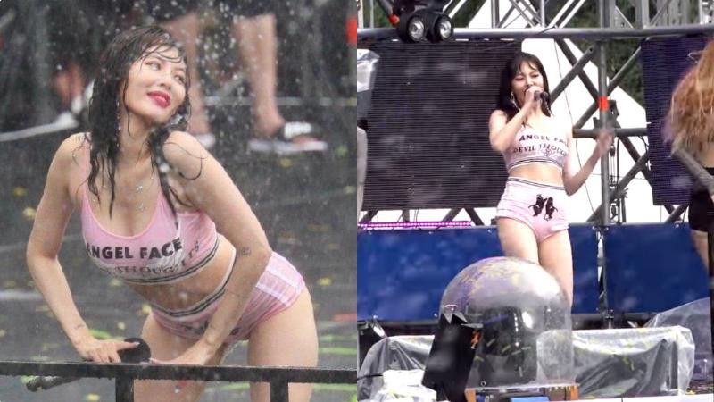 泫雅出席首尔蚕室运动场「2019水之夜庆典」以一身粉色胸衣和超短裤登场