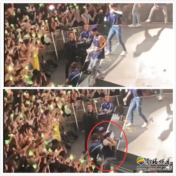 GOT7演唱会王嘉尔与粉丝互动时，不慎踩空从舞台摔落，比手势安慰粉丝