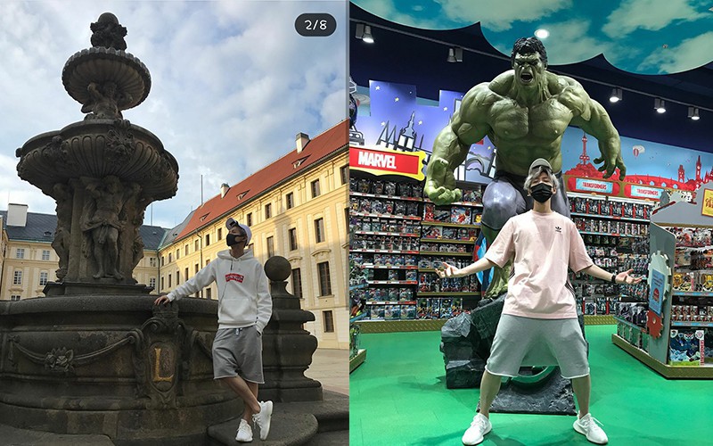 鹿晗分享没有晒过的旅行照，他素颜戴着口罩在景点留影，各种pose都用上