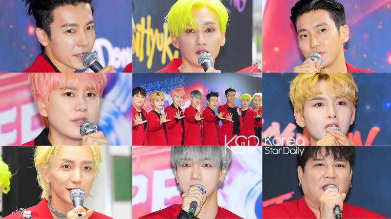 Super Junior出席演唱会记者会，全员红色西装登场！招牌姿势拍摄团体照