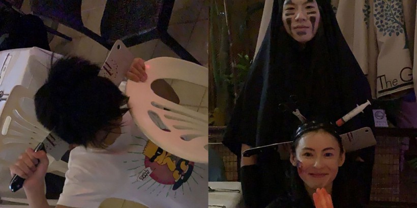 张柏芝晒出万圣节造型！她与儿子小Q打造头“插”菜刀造型，血腥＋卖萌