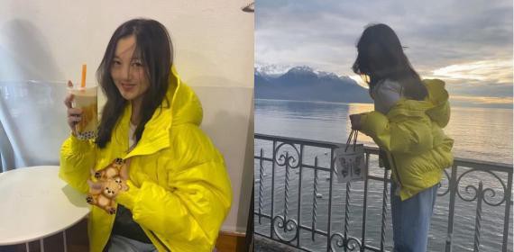 李嫣分享自己近照，她穿着白色打底衫和金黄色羽绒服，喝到奶茶超级开心
