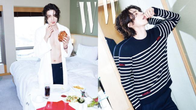 李栋旭牵手时尚杂志《W》拍摄大片，照片中的他肤白胜雪，突显他的白嫩