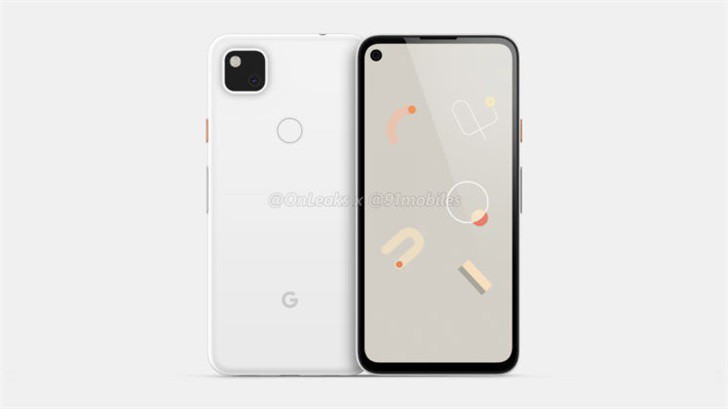 谷歌Pixel 4a智能手机渲染图，具有打孔显示屏，后置单摄以及3.5毫米插孔