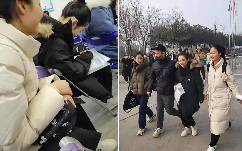网友晒出偶遇张子枫去参加河南省艺考路透照，身穿黑色大衣，满脸的笑容