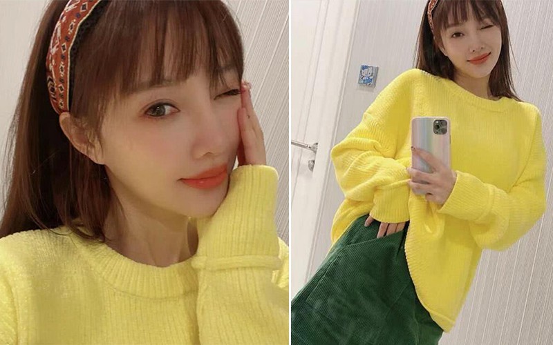李小璐晒出网店拍摄写真照，荧光黄毛衣配墨绿色A字裙，看起来青春逼人