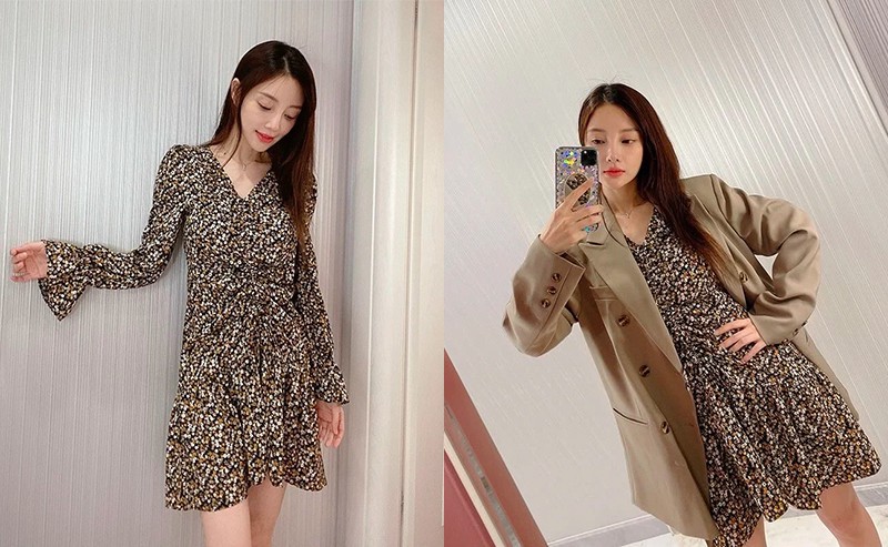 李小璐晒出自拍照，身穿碎花连衣裙搭配西装外套，bling bling手机壳抢眼