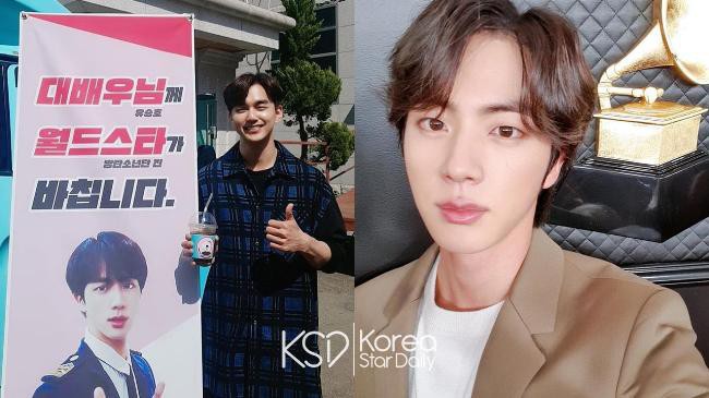 BTS防弹少年团大哥JIN(金硕珍)近日为俞承豪拍摄剧组现场送上应援咖啡车